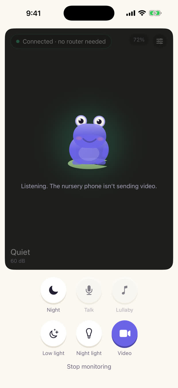 The monitor screen — status first, decibels second.